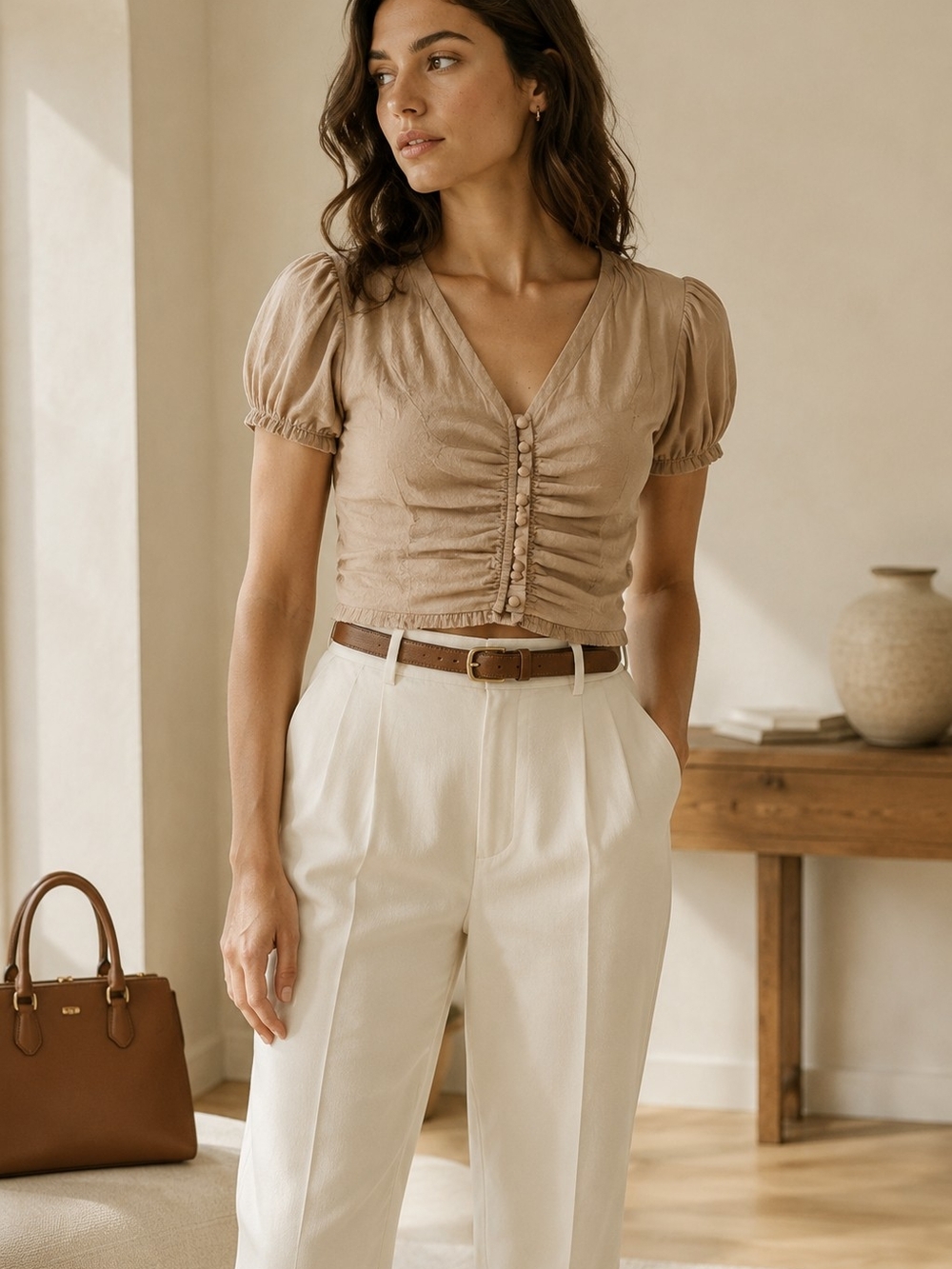Taupe Ruched Button Front Cropped Top L Puff Sleeve Y2K Romantic Coquette